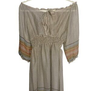 Kaneko Collection Geometric Smocked Waist Dress Multi Tie Neck Bohemian Cottage